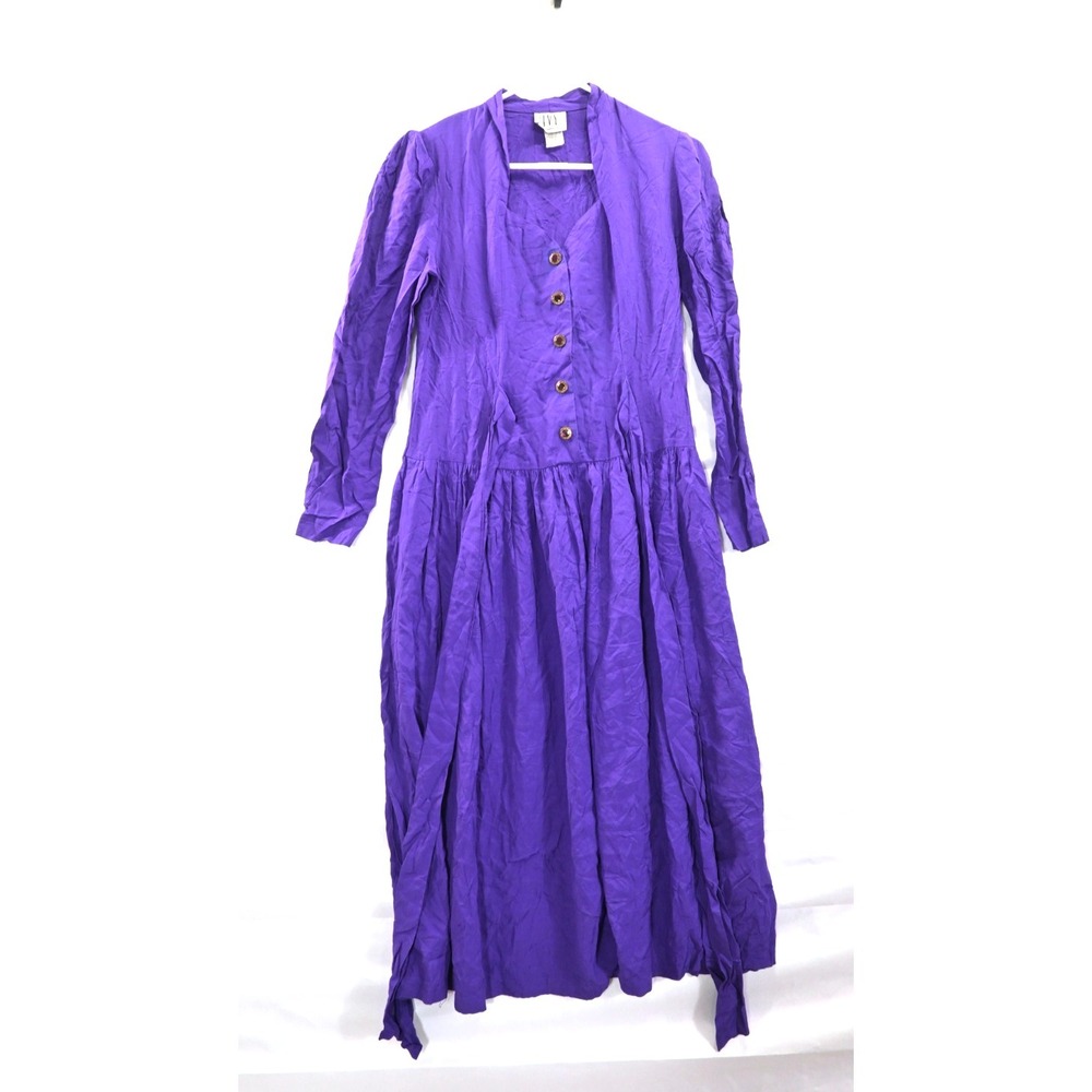 Vintage I V Y Purple Dress Rayon Button Front Long Sleeve Midi Retro USA Made